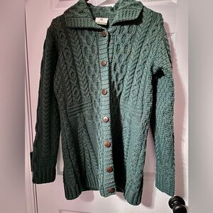 Carraig Donn Funnel Neck Buttoned Green Irish wool cardigan sweater size Small